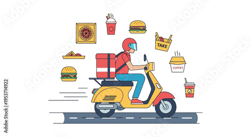 A delivery driver on a yellow scooter transports various fast foods showcasing a modern illustration style silhouette high quality professional detailed