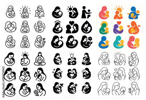 Motherhood icons with mother baby heart colorful