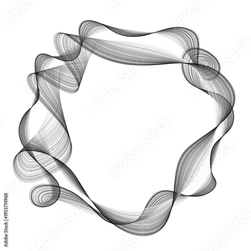 Cool circular frame with black flowing lines on white background. Elegant wav...