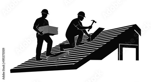Two construction workers are depicted on a rooftop one carrying materials and the other working silhouette high quality professional detailed modern