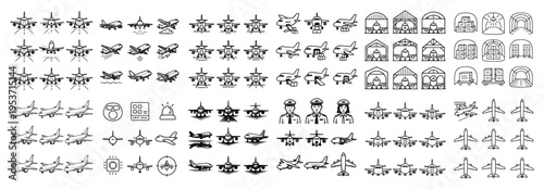 Aviation icons with airplane pilot hangar outline