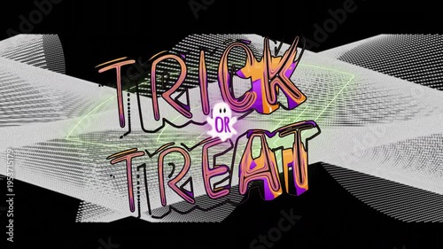 Animation of ghost with Trick or Treat text on abstract black and white background