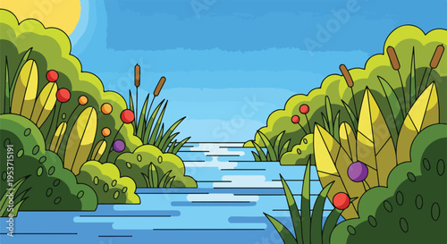 A stylized illustration depicting a colorful river scene with lush vegetation