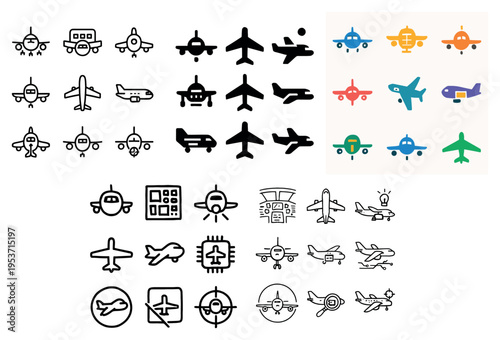 Aviation icons with airplanes cockpit wings outline