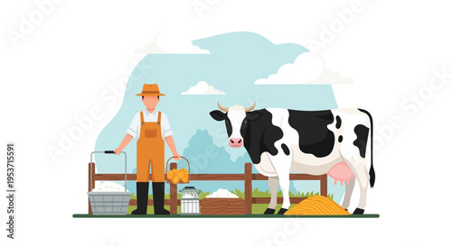 A farmer stands with a cow near hay bales and milk containers showcasing a charming rural scene silhouette high quality professional