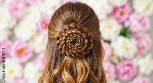 Hairstyle featuring a complex rose-shaped braid sits elegantly on a woman with long wavy hair against a soft floral background, showcasing professional craftsmanship in modern hair styling techniques.