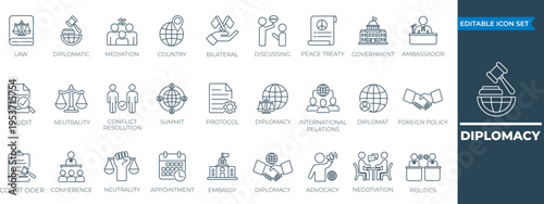 Diplomacy line icon set. Containing Negotiation, embassy, diplomat, neutrality, and foreign policy vector icons collection. Vector illustration..