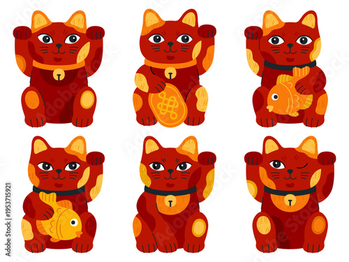 Lucky cats, Maneki neko. Collection of japanese figurines, cute cartoon Asian characters, fortune symbol. Red porcelain kittens with waving paws, symbol of money, prosperity and wealth.