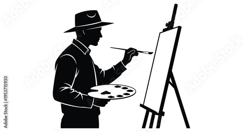 A black silhouette of an artist painting at an easel holding a palette and brush capturing a creative scene silhouette
