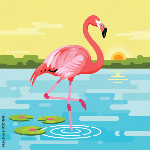 A stylized illustration features a pink bird standing in water with lily pads