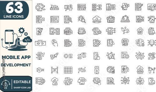 Mobile App Development Concept, Smartphone Application Design Icon Set Deployment and Software Engineering Technology