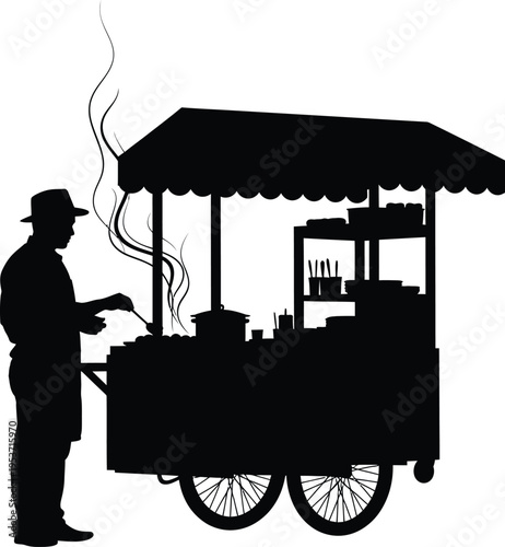 Street food vendor prepares hot snacks at mobile cart