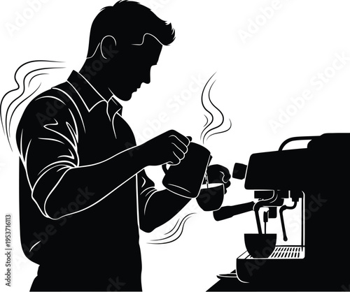 Barista making coffee with steam from machine