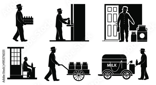 A series of black silhouettes depicting a milkman s duties including delivery and service creating a vintage scene silhouette high quality professional