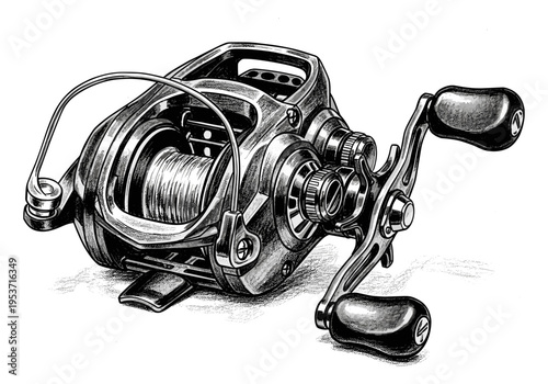 Detailed illustration of a modern baitcasting fishing reel with line on the spool