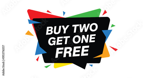 A vibrant jagged banner advertises a buy two get one free promotion featuring a bold dark silhouette high quality professional detailed