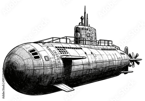 Detailed illustration of a modern submarine with a prominent conning tower and propeller