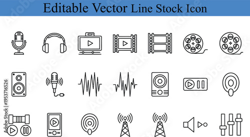 Audio and icons: microphone, headphones, film, speaker