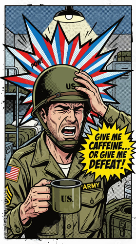 Humorous US Army Soldier Coffee Addiction Pop Art Illustration - "Give Me Caffeine or Give Me Defeat" Funny Military Barracks Graphic