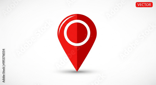 Red Location Pin Icon with White Circle Center on White Background.