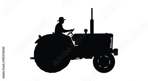A striking black silhouette depicts a farmer operating a vintage tractor showcasing rural life and agricultural work silhouette high quality professional