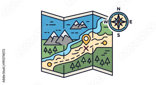 Illustrated Map with Compass Rose and Marked Location.