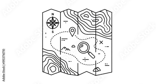 Hand-Drawn Treasure Map with Magnifying Glass and Compass.