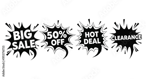 Four black burst style sale banners with bold text announcing discounts and promotions a striking silhouette high quality professional detailed modern elegant