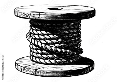 Vintage wooden spool with thick twisted rope, hand-drawn illustration style