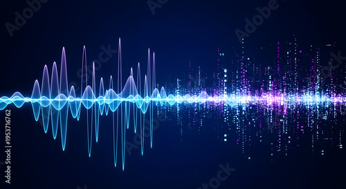 A dynamic sound wave transitions from fluid blue pulses to fragmented pink data, showcasing a digital transformation on a dark background.