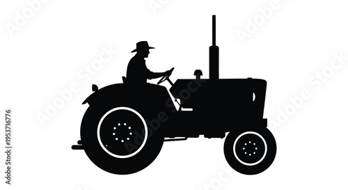 A striking black silhouette depicts a farmer driving a vintage tractor across an open field capturing rural life silhouette high quality