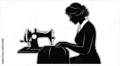 A striking black silhouette depicts a woman intently operating a vintage sewing machine showcasing a classic silhouette high quality professional detailed