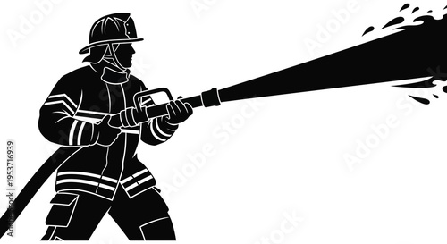 A firefighter powerfully directs a water hose showcasing courage and duty in a striking black silhouette high quality professional detailed modern