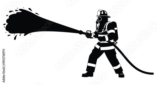 A detailed black silhouette depicts a firefighter actively spraying water from a hose showcasing bravery and service silhouette high quality professional