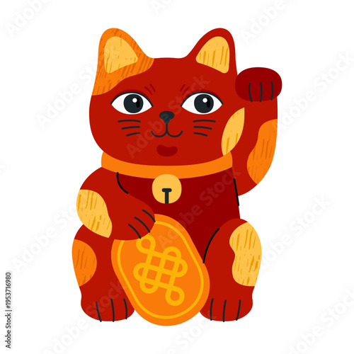 Lucky cat, Maneki neko. Japanese figurine, cute cartoon Asian character, fortune symbol. Red porcelain kitten with waving paw, symbol of money, prosperity and wealth.