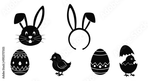 A collection of easter themed black silhouettes including a bunny eggs chicks and headwear silhouette high quality professional detailed modern elegant