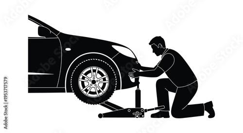 A man is changing a tire on a car depicted in a stark black and white illustration silhouette high quality professional