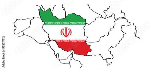 Map of Iran with the flag of Iran, Maps islamic republic of iran. With the Persian Golf, Gulf of Oman and Strait of Hormuz. Naval blockade of naval vessels, oil tankers and cargo ships. 