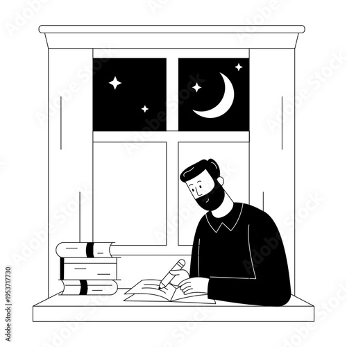 A glyph style illustration showing a person doing homework