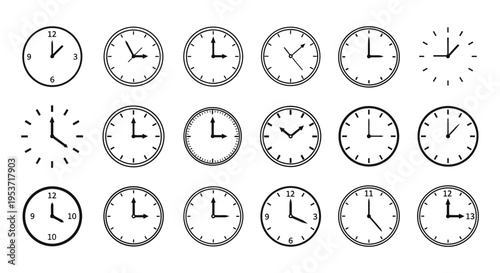 An arrangement of thirteen black clocks displaying varying times creating a visual representation of time passing silhouette high quality professional