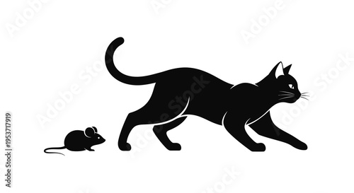 A sleek black cat in pursuit of a tiny mouse depicted in a striking minimalist silhouette high quality professional detailed modern