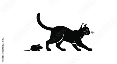 A sleek black cat stalks a tiny mouse in a dynamic composition creating a striking visual silhouette high quality professional detailed