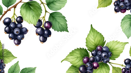 Frame of ripe Blackcurrant berry bunch and leaves. Garden plant blackberry template. Hand drawn watercolor botanical illustration. Background of cassis fruit for food and cosmetics packaging, card