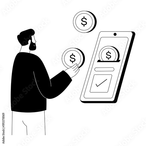 A line style illustration showing transferring money