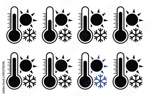 Icons representing temperature variations: hot, cold, and moderate weather conditions