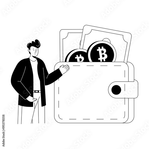 An outline style illustration depicting bitcoin wallet