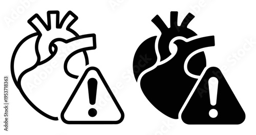 Heart Health Warning Icons: Outline and Solid Heart with Exclamation Mark