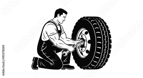 A mechanic is changing a large vehicle tire kneeling and using tools presented as a striking silhouette high quality professional detailed