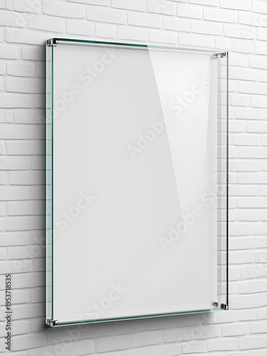 Blank poster in realistic glass frame isolated on transparent background. Transparent wall acrylic photo poster with display frame