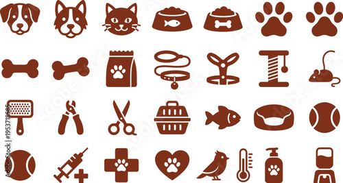 Large Set of Pet Care Silhouettes Featuring Dogs Cats Birds and Fish with Veterinary Medical Tools Grooming Supplies Feeding Accessories and Animal Welfare Symbols